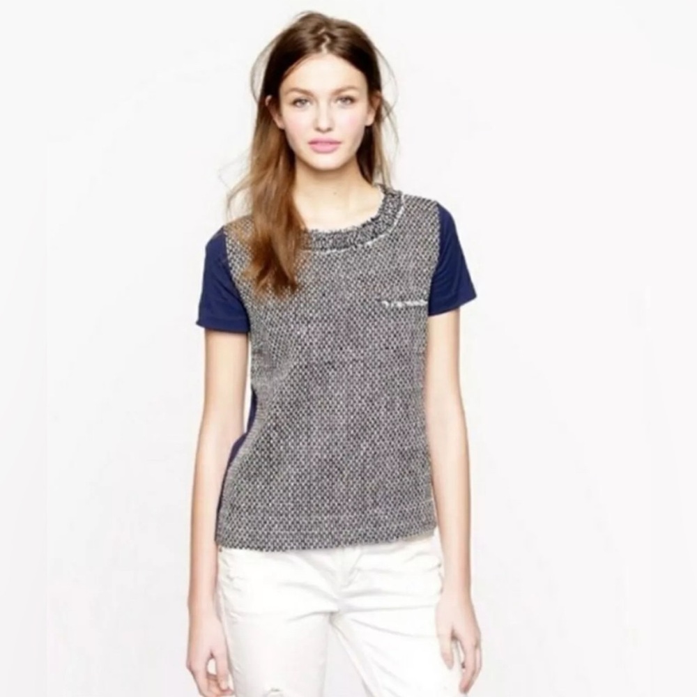 J. Crew Silk Cotton Blend Tweed-Front Top Navy Blue size Small